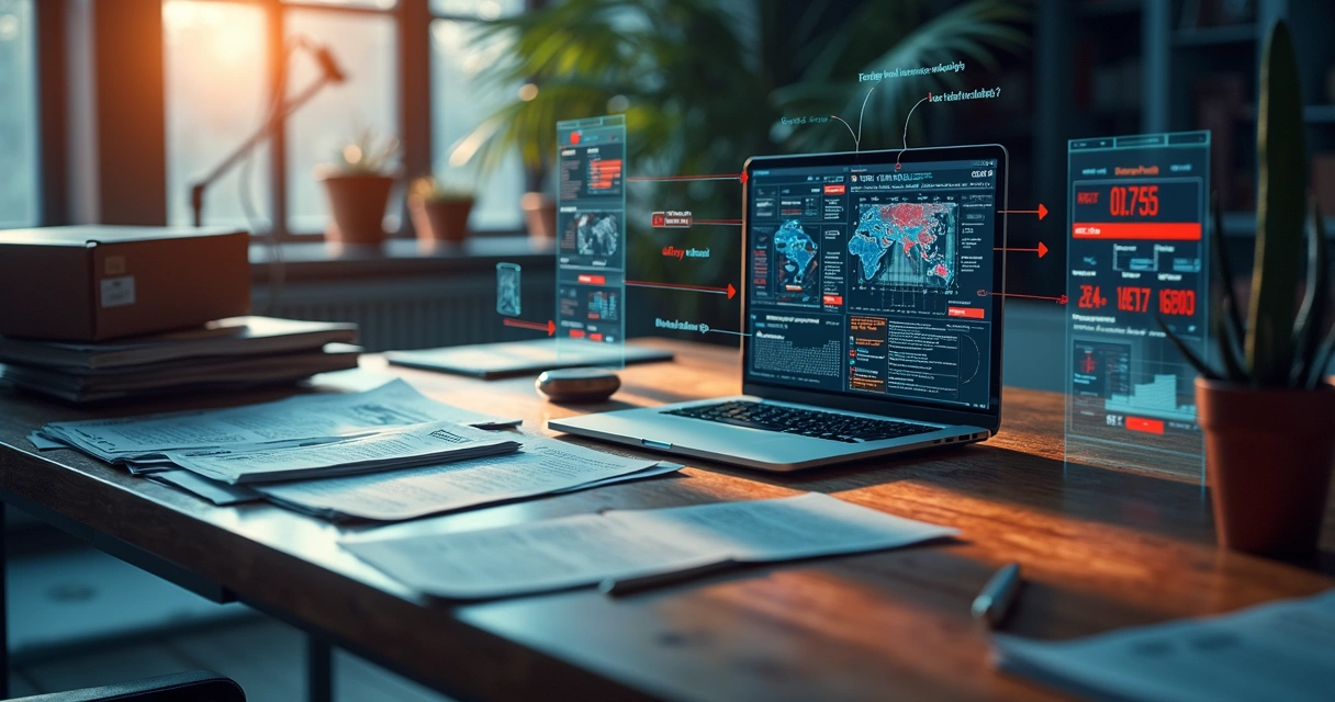 Mesa de trabalho com documentos, laptop e gráficos que mostram fluxo interrompido de processos logísticos no comércio exterior