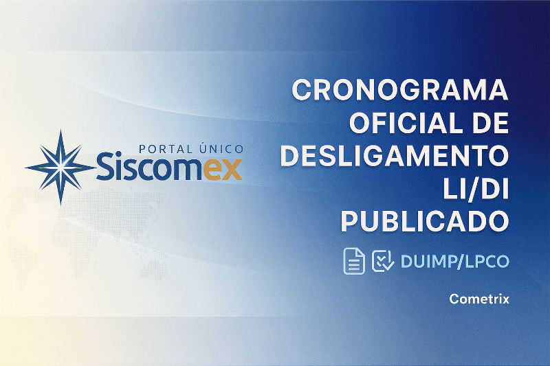 Painel digital com cronograma, tabelas e dados do comércio exterior em tela com gráficos e ícones de importação e exportação