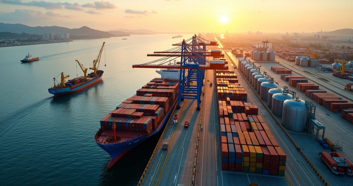 Navio porta-contêineres atracado em porto brasileiro com guindastes operando e pilhas de contêineres coloridos